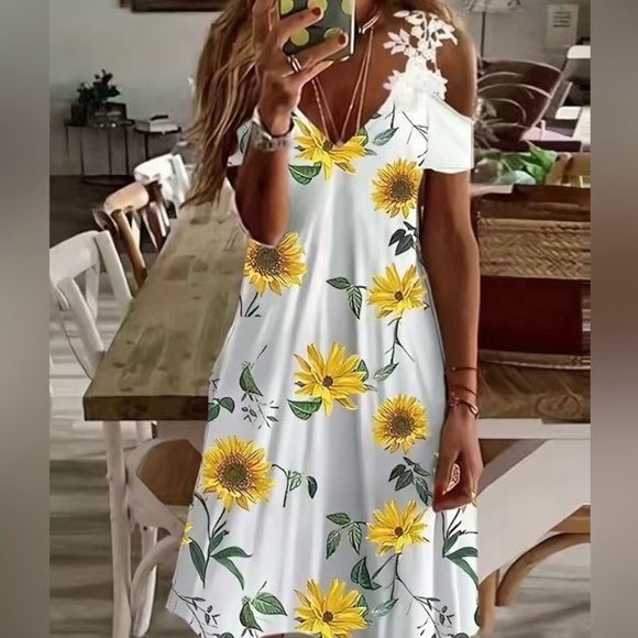 NWOT Sunflower Print Cold Shoulder Dress, Casual V Neck Lace Shoulder - Picture 1 of 4